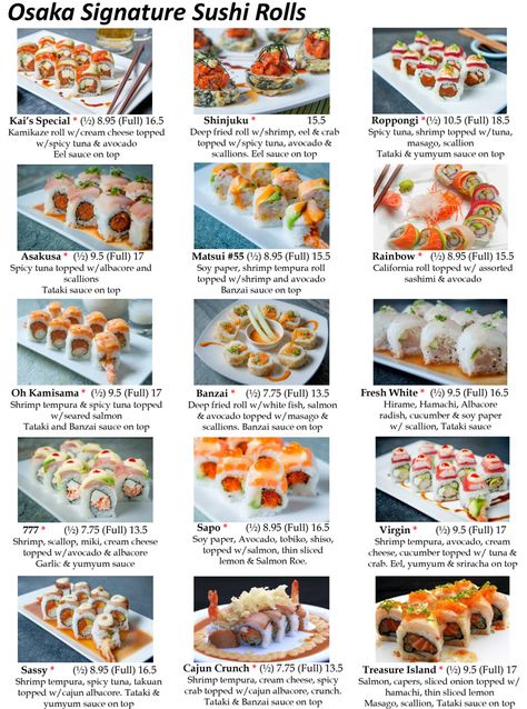 Sushi Roll Menu, Sushi Dinner Party, Best Sushi Rolls, Types Of Sushi Rolls, Japanese Food Menu, Japanese Restaurant Menu, Resep Sushi, Cooking Sushi, Food Calories List