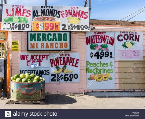 Download this stock image: Colorful market signs on the side of the building advertising the prices for fruits and vegetables in Salinas, California. - F70BW1 from Alamy's library of millions of high resolution stock photos, illustrations and vectors. Building Advertising, Salinas California, Farmers Market Sign, Price Signs, Market Sign, Farm Market, Cbd Hemp, The Building, On The Side