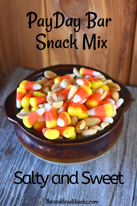 PayDay Snack Mix with Candy Corn and Peanuts - These Old Cookbooks White Chocolate Snack Mix, Candy Corn Mix, Chocolate Snack Mix, Payday Candy Bar, Fall Snack Mixes, Candy Corn Recipe, Peanut Snack, Halloween Snack Mix, Picnic Potluck