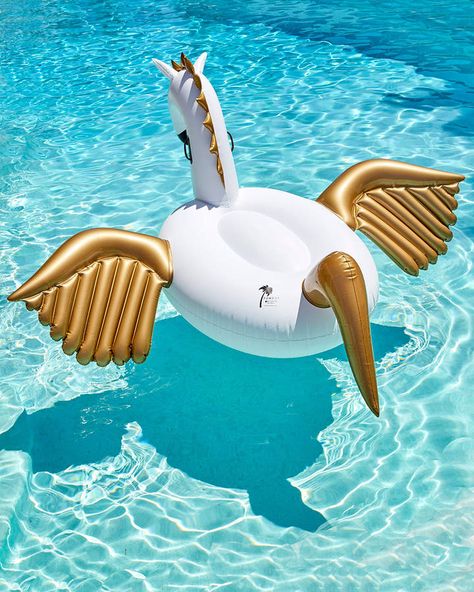 SHOP: Cute swimming pool floaters/ Pegasus Giant Pool Float, White/Golden Summer Pool Floats, Cute Pool Floats, Giant Pool Floats, Giant Pool, Cool Pool Floats, Pool Floaties, Tattoo Fashion, Salt Water Fishing, Inflatable Pool Floats