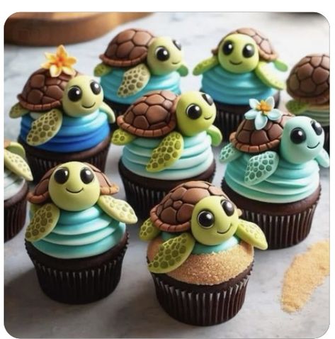 2025 Cupcakes, Ocean Birthday Cupcakes, Sea Turtle Birthday Party Ideas, Sea Turtle Cakes, Turtle Birthday Theme, Turtle Cakes, Sea Turtle Cake, Turtle Birthday Cake, Turtle Cupcakes