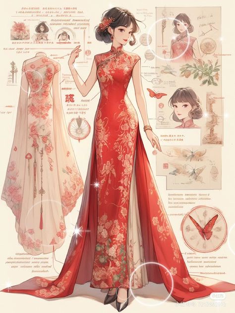 Ancient Chinese Wedding Dress, Princess Dresses Drawing, Cheongsam Drawing, Fire Kingdom, Princess Dress Drawing, Chinese Style Wedding Dress, Dresses Drawing, Chinese Princess Dress, Chinese Wedding Dress Traditional