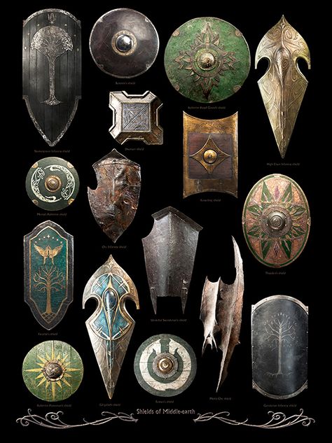 ~ Shields Of Middle Earth ~ LOTR ~ Armour Escudo Viking, Lord Of Rings, Types Of Armor, Earth Poster, Illustration Fantasy, Heroic Fantasy, Medieval Armor, Jrr Tolkien, Fantasy Armor