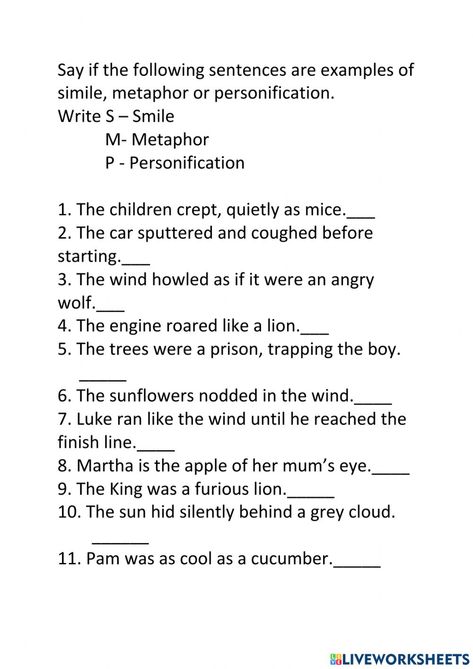 Simile Metaphor Hyperbole Personification, Metaphor Worksheet Grade 5, Simile Metaphor Personification, Personification Worksheet, Metaphor Worksheet, Allusion Examples, Teacher Sayings, Example Of Simile, Ela Worksheets