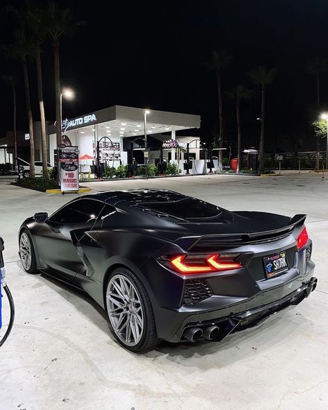 Blacked Out Corvette, Corvette C8 Aesthetic, Matte Black Corvette, Corvette Stingray Black, Corvette C8 Z06, Corvette Wheels, Black Corvette, Roush Mustang, Chevy Vehicles