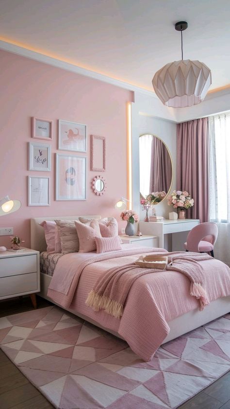 Room Positioning Ideas, Pink Dressing Room Ideas, Pink Curtains Bedroom Room Ideas, Pink Room Walls, Bedroom With Pink Walls, Remote Control Curtains, Girly Bedroom Ideas For Women, Adult Pink Bedroom, Electric Curtains