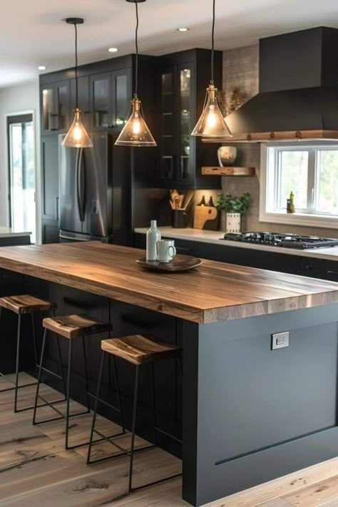 Light Dark Kitchen, Black Cabinets Kitchen Wood Counters, Black Cabinetry Kitchen, Dark Kitchens With Wood, Black Kitchen With Wood Cabinets, Kitchen Interior Farmhouse Modern, Black Kitchen With Window, Modern Kitchen With Black Accents, Wood Countertops Black Cabinets