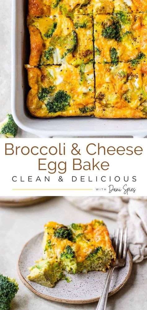 Breakfast just got way better with the creation of this healthy Broccoli and Cheese Egg Bake! It's an easy-to-make breakfast casserole that combines eggs, egg whites, seasoned broccoli and cheese; all baked together to golden brown perfection. Whip up this vegetarian dish on Sunday and have a satisfying, ready-to-go breakfast all week long! Broccoli And Egg Casserole, Broccoli Cheddar Egg Bake, Eggs With Broccoli, Broccoli Egg Casserole, Healthy Broccoli And Cheese, Healthy Egg Bake, Cheese Egg Bake, Baked Broccoli Recipe, Egg Bake Casserole