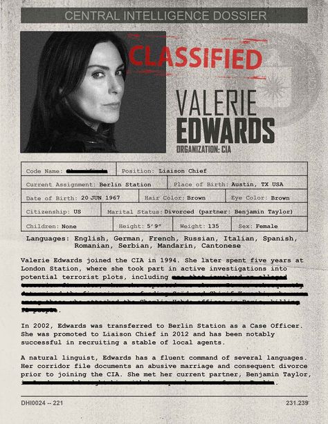 CIA dossier Valerie Edwards Printable Diorama, Cia Agent, Berlin Station, Code Names, Richard Armitage, Marital Status, Eye Color, Brown Hair, Mockup