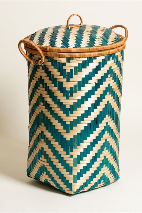 Oliver Bonas’s bamboo laundry basket comes in bright shades of blue or yellow. £49.50, oliverbonas.com Bamboo Diy, Sac Tote Bag, Blue Bamboo, Basket Weaving Patterns, Colorful Planters, Bamboo Art, Bamboo Crafts, Bamboo Basket, Bamboo Weaving