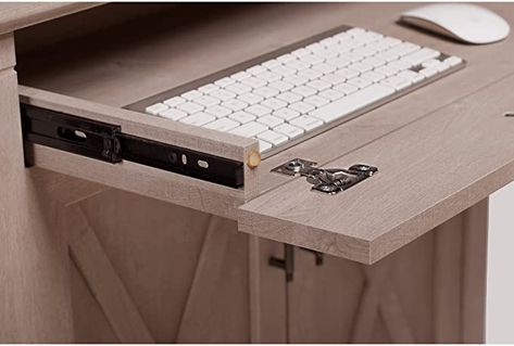 Office Modern Farmhouse, Hidden Home Office, Modern Farmhouse Desk, Keyboard Drawer, Home Office Closet, Sewing Desk, Office Closet, Desk With Keyboard Tray, Home Office Modern