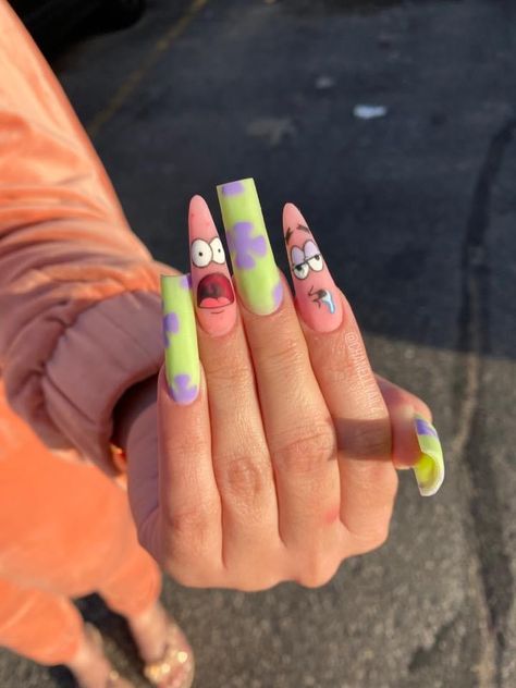 Spongebob Nails, Crazy Nail Art, Retro Nails, Dope Nail Designs, Crazy Nails, Unique Acrylic Nails, Fire Nails, Pretty Acrylic Nails, Dope Nails