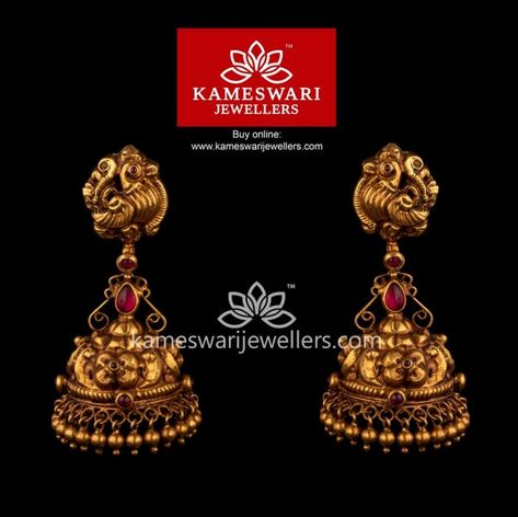 Kameswari Jewellers, Temple Jewellery Earrings, Buy Earrings Online, Gold Jhumka, Jhumka Designs, Gold Earrings Indian, Gold Jhumka Earrings, Antique Gold Jewelry Indian, Gold Jewelry Simple Necklace