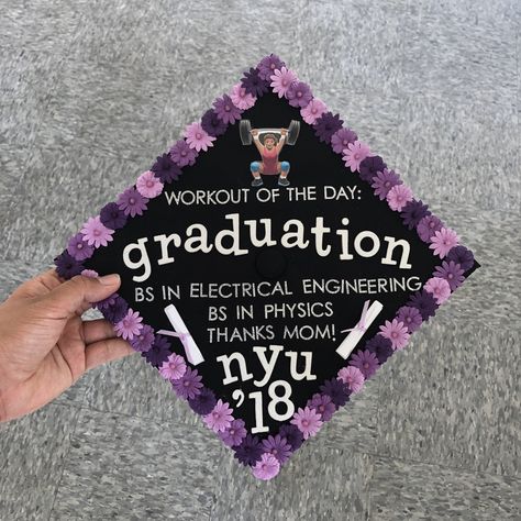 2018 Graduation Cap! #crossfit #girlswholift #crossfit #engineering #engineer #physics #electricalengineering #nyu #nyu2018 Exercise Graduation Cap, Exercise Science Graduation Cap, Kinesiology Graduation Cap, Science Graduation Cap, Education Graduation Cap, College Grad Cap Ideas, Graduation Cap Decoration Diy, Exercise Science, College Graduation Cap Decoration