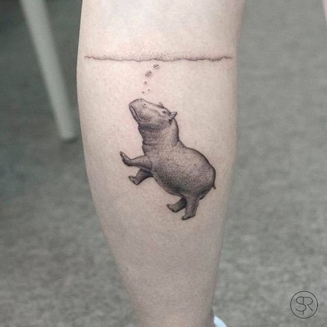 Hippo Tattoo, Small Animal Tattoos, Pig Tattoo, Tato Minimal, Ankle Tattoo Designs, Sharpie Tattoos, Cute Hippo, Small Tattoo Ideas, Tattoo Shows