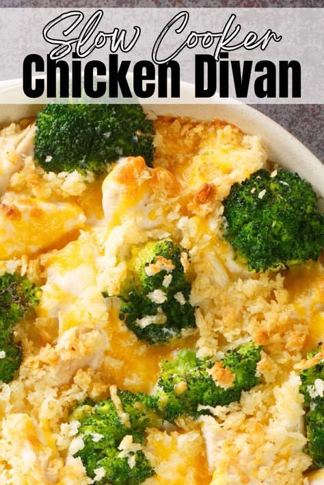 Crockpot Recipes Chicken Broccoli, Instant Pot Chicken Divan, Crockpot Chicken With Broccoli, Slow Cooker Broccoli Chicken Divan, Diced Chicken Slow Cooker Recipes, Chicken Divan Crockpot Slow Cooker, Crockpot Chicken Meal Recipes, Chicken Devan Crockpot, Crockpot Chicken Divan Recipe