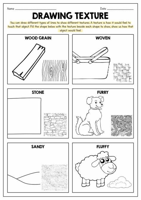 Echo Drawing Worksheet, Visual Texture Drawing Ideas, Finish The Picture For Kids, Texture Element Of Art Drawings, Art Exercises Drawing Lessons, Drawing Texture Ideas, How To Draw Texture, Drawing Excercices, Art Worksheets For Kids