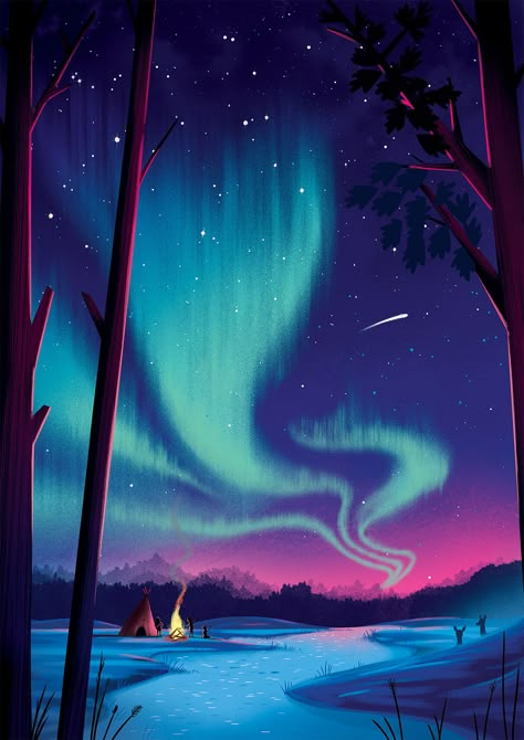 Destination: Space on Behance Galaxy Artwork, Northern Lights Painting, Aurora Borealis Northern Lights, Space Illustration, Snowy Owl, Art Plastique, Illustration Print, Aurora Borealis, Animation Art