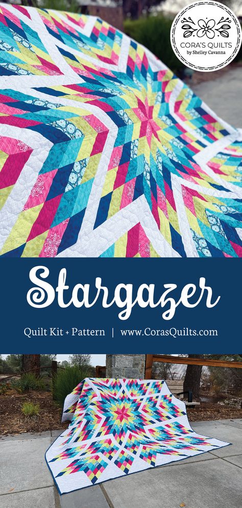 Stargazer Quilt pattern by Shelley Cavanna of Cora's Quilts - quilt kits and quilt patterns. Finished Size: 90" x 90" Featuring prints from Spring Song by Shelley Cavanna for Benartex Fabrics Hodgepodge Quilt Pattern, Quilt Business, Spring Song, Modern Quilting, Quilting Patterns, Quilting Ideas, Quilt Kit, Quilt Kits, Lone Star