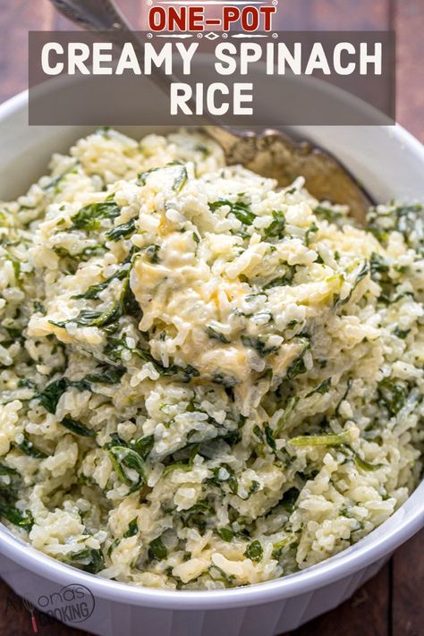 Creamy Spinach Rice (EASY One-Pot Recipe) Spinach Rice Recipe, Rice Recipes Side, Creamy Spinach Dip, Rice Side Dish Recipes, Spinach Rice, Easy Lasagna Recipe, Quick Side Dishes, Rice Side, Enchiladas Recipe