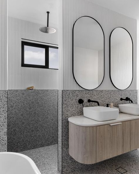 Shower Behind Vanity, Shower And Toilet Behind Vanity Wall, Shower Behind Vanity Wall, Gray Shower Tile, Timber Handrail, Grey Tiles, Home Theater Rooms, Bathroom Supplies, Bathroom Inspo