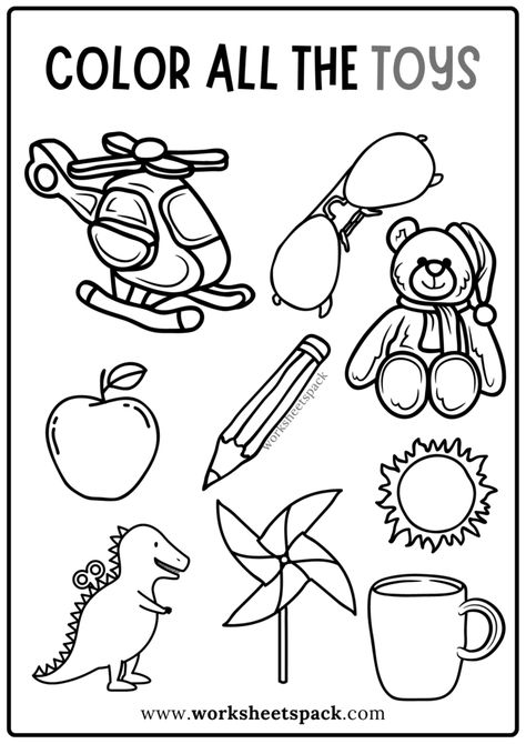 Toys Coloring Pages Free PDF - worksheetspack My Toys Worksheet, Toys Worksheets For Kids, Toys Worksheets, Toys Coloring Pages, Toys Worksheet, Outline Pictures, Printable Toys, Pattern Activities, Toddler Worksheets