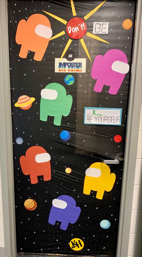 Among Us Door Decorations Classroom, Among Us Classroom Door, Among Us Bulletin Board Ideas, Among Us Classroom Theme, Among Us Room, Among Us Bulletin Board, Among Us Classroom, Among Us Decoration, Space Door Decorations Classroom