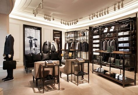 Burberry-Mens-Store-London:                                                                                                                                                      More Clothing Store Interior Design, Clothing Boutique Decor, Burberry Store, Clothing Store Displays, Suit Stores, Clothing Store Interior, Clothing Store Design, Boutique Interior Design, Store Interiors