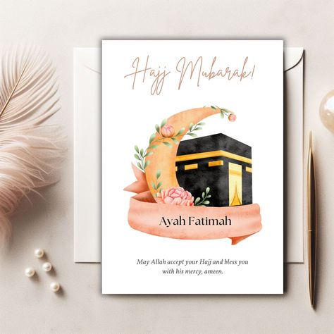 Pink Hajj Mubarak Islamic Editable Name Greeting Card Template, Hajj Mabrook Muslim Celebration, Eid Gift Kaaba, Umrah, Printable Pilgrimage Hajj Mubarak, Eid Gift, Greeting Card Template, Eid Gifts, May 31, Pilgrimage, Gift Registry, Invitation Paper, Card Template