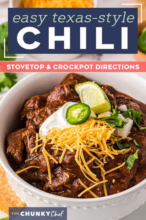 Texas Chili Recipe No Beans, Chunky Beef Chili Recipe, Meaty Chili Recipe, Texas Style Chili Recipes, Beef Chunks Recipes, Steak Chili Recipe, Beanless Chili Recipe, Texas Style Chili, Homemade Chili Recipe