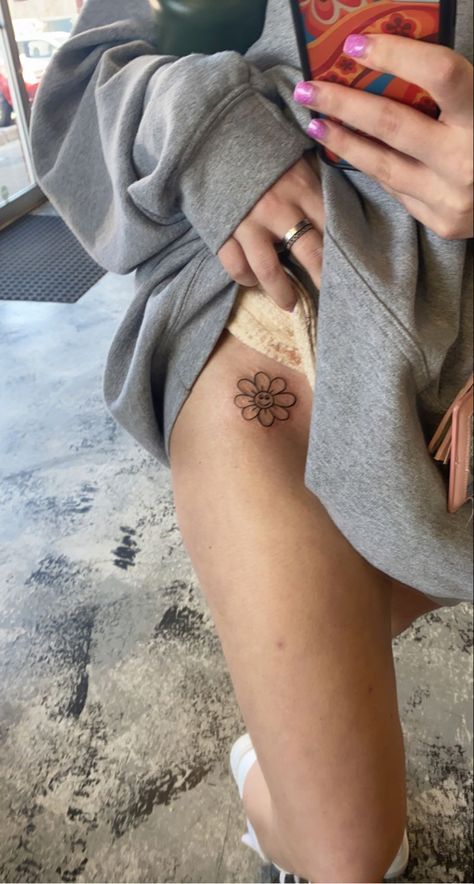 Oopsie Daisy Tattoo, Hippy Flower Tattoo, Happy Face Flower Tattoo, Smiley Daisy Tattoo, Daisy Doodle Tattoo, Daisy Leg Tattoo, Smiling Flower Tattoo, Silly Flower Tattoo, Smiley Face Flower Tattoo