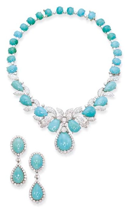 A TURQUOISE AND DIAMOND NECKLACE AND PAIR OF EAR CLIPS, BY DAVID WEBB  The foliate motif cabochon turquoise and diamond necklace also forming a pendent brooch and bracelet, with a matching pair of cluster ear clips with detachable pendants, mounted in platinum and 18k white gold, circa 1955, necklace 38.0 cm long, brooch 5.2 cm long, bracelet 17.0 cm long, ear pendants 5.2 cm long Signed Webb for David Webb Bijoux Art Deco, David Webb, Ear Clips, Turquoise Stones, Fabulous Jewelry, I Love Jewelry, Stunning Jewellery, Gorgeous Necklaces, Turquoise Jewelry