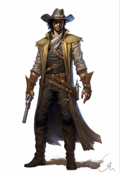 Cowboy Wizard Dnd, D&d Fighter Gunslinger, Dnd Native American, Western Bounty Hunter Concept Art, Black Cowboy Character Design, Gunman Character Design, Sheriff Character Design, Arcane Gunslinger, Gunslinger Character Design