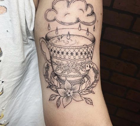 Traditional Tea Cup Tattoo, Storm In A Teacup Tattoo, Teapot Tattoo, British Tea Party, Tea Tattoo, Teacup Tattoo, Storm Tattoo, Storm In A Teacup, Cup Tattoo