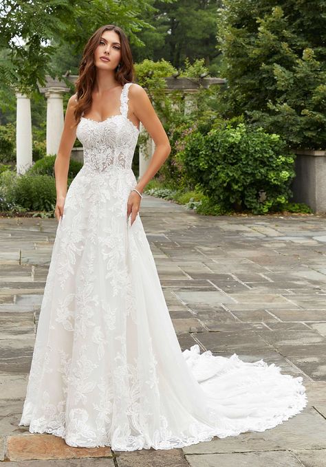 This sparkle tulle A-line has a modified sweetheart neckline with detachable straps. Lillian West, Allure Bridals, Mori Lee, Allure Bridal, Brides Wedding Dress, Linnet, A Line Gown, Designer Wedding, Bridal Wedding Dresses