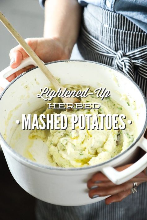 Lightened-Up mashed potatoes with herbs! So easy (no mixer required)--just add butter and olive oil, and mix. From-scratch mashed potatoes. Herbed Mashed Potatoes, Potatoes With Herbs, Olive Oil Mashed Potatoes, Real Food Dinner, Homemade Chocolate Pudding, Making Mashed Potatoes, Mushroom Gravy, Vegan Meal Plans, Creamy Mashed Potatoes