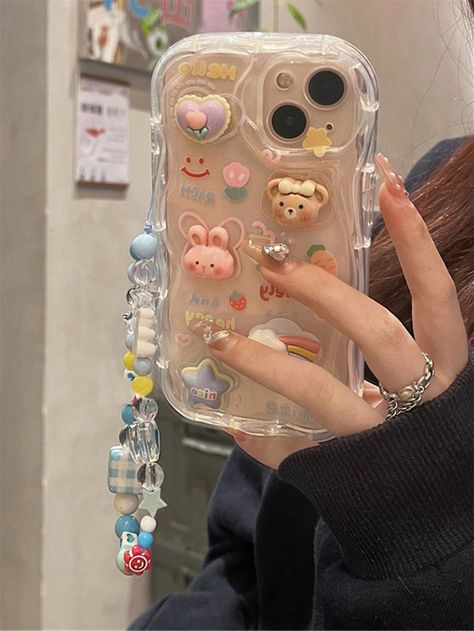 Clear  Collar   Animal,Cartoon,Geometric,Graphic Hand Strap Phone Case Embellished   Cases Korean Phone Cases, Animal Geometric, 3d Phone Cases, Telephone Accessories, Diy Iphone Case, Rabbit Decor, Pretty Iphone Cases, Pretty Phone Cases, Apple Phone Case