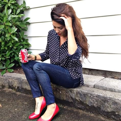 Taking a break from heels today in navy, white and red... Classic! Register with  for all the outf... #liketkit www.liketk.it/f3jO @liketkit Flat Shoes Outfit Ideas, Red Flat Shoes Outfit, Polka Dot Shirt Outfit, Jillian Harris Style, Red Flats Outfit, Blue Blouse Outfit, Dark High Waisted Jeans, Shoes Outfit Ideas, Red Flat Shoes