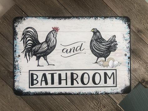 Farmhouse Restroom, Retro Signs Vintage, Boy And Girl Bathroom, Metal Bathroom Walls, Unisex Bathroom Sign, Bath Sign, Metal Welcome Sign, Chicken Signs, Commercial Signs