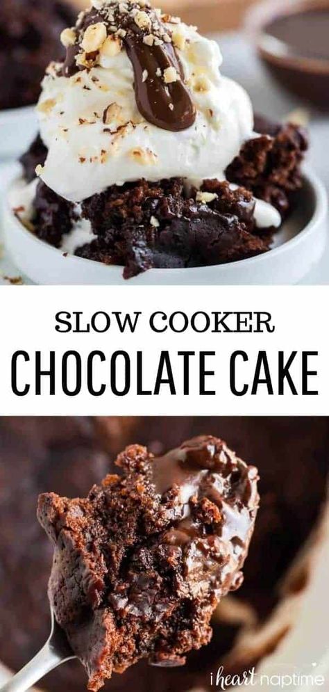 Crockpot chocolate cake is rich, gooey, & filled with chocolate flavor. This cake takes just minutes to prep and then cooks completely in your slow cooker! #cake #cakerecipes #chocolate #chocolatecake #chocolaterecipes #slowcooker #slowcookerrecipes #slowcookerdesserts #crockpot #crockpotrecipes #desserts #dessertrecipes #recipes #iheartnaptime Chocolate Cobbler Crockpot, Crockpot Chocolate Cobbler, Crock Pot Cake, Slow Cooker Chocolate Lava Cake, Crockpot Chocolate Cake, Slow Cooker Chocolate Cake, Crockpot Chocolate, Favorite Deserts, Fudge Topping