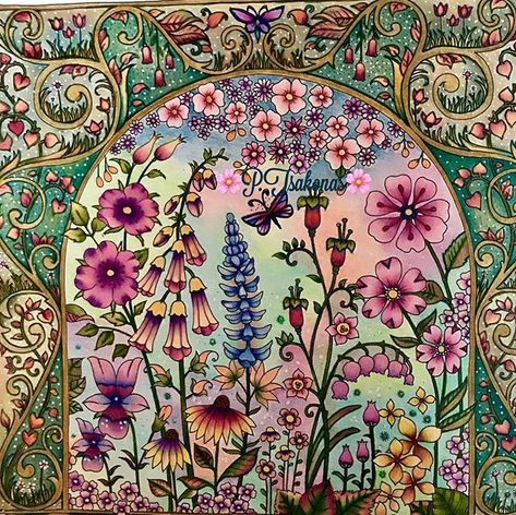 First completed page in this beautiful book 🌸💕. #worldofflowers #worldofflowerscoloringbook #johannabasford 🌸 Johanna Basford Secret Garden Coloring Book, Arch Of Flowers, World Of Flowers Johanna Basford, Basford World Of Flowers, Magical Jungle Johanna Basford, Basford Secret Garden, Colored Pencil Art Projects, Joanna Basford Coloring, Johanna Basford Secret Garden