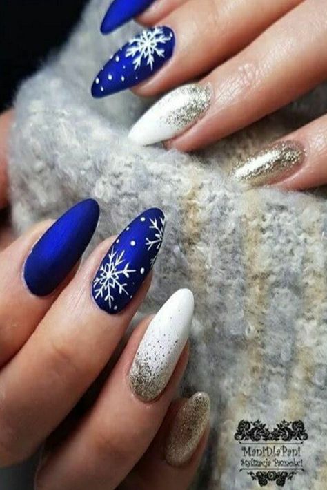 Blue Christmas Nails, Holiday Acrylic Nails, Blue Nail Art Designs, Feather Nails, Dark Blue Nails, Christmas Nail Stickers, Snowflake Nail Art, Art Designs Ideas, Amazon Beauty