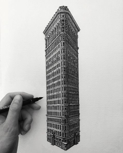 liam hipple on Instagram: “Flatiron Building New York, another commission from last year. A real test of concentration and precision __✔️🖋🇺🇸 #newyork #newyorkcity…” Tech Drawing, New York Illustration, Types Of Pencils, Fineliner Art, Drawing Pencils, Perspective Drawing Architecture, Sketching Art, Building Sketch, Building Drawing