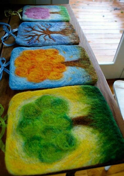 Felted Tree, Seasonal Tree, Felt Wall Hanging, Waldorf Crafts, Wet Felting Projects, Felt Tree, Felt Pictures, Winter Tree, Felt Embroidery