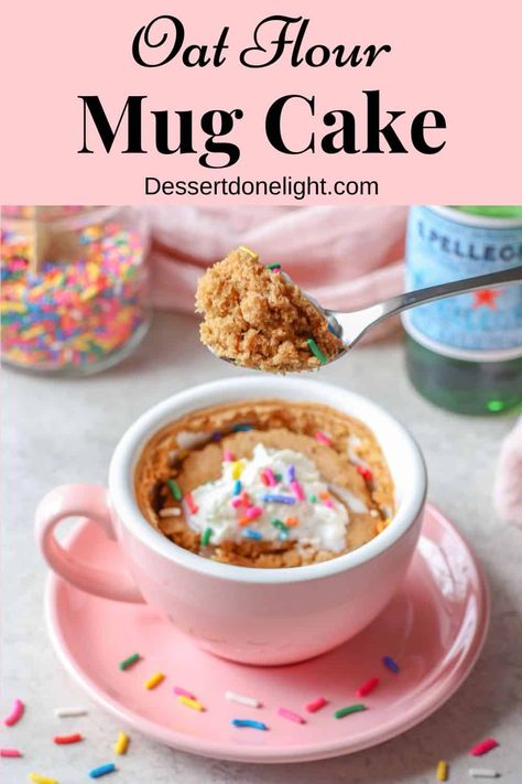 Used almond milk instead of water. Added in a few teaspoons of protein powder. Added in chunks of banana. Used 1/2 tablespoon of coconut sugar. Added a teaspoon or so of water at the end since it was pretty thick. Omitted vanilla extract. Oat Flour Mug Cake, Vanilla Protein Mug Cake, Funfetti Mug Cake, Protein Mug Cake, Desserts Table, Peanut Butter Mug Cakes, Protein Mug Cakes, Light Desserts, Peanut Butter Powder