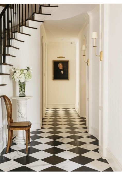 All Black Entryway, Amy Havins House, Large Foyer Ideas, Amy Havins, Entry Staircase, House Foyer, Foyer Ideas Entryway, Foyer Stairs, Checkered Floor