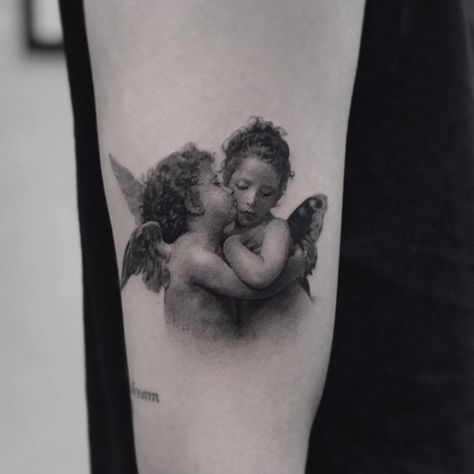 First Kiss tattoo by @coldgraytattoo First Kiss Tattoo, Kiss Tattoo, Baby Angel Tattoo, Infected Tattoo, Family First Tattoo, Cupid Tattoo, Backpiece Tattoo, Kiss Tattoos, Dragons Tattoo