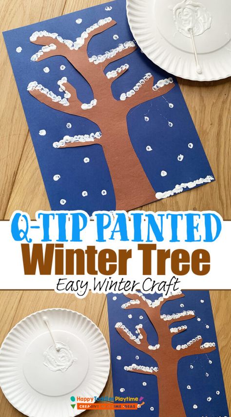 Q-Tip Painted Winter Tree Craft - Happy Toddler Playtime Winter Tree Craft Preschool, Q Tip Crafts, Tree Activities For Preschool, Qtip Crafts, Winter Tree Craft, Grey Lengha, Winter Tree Art, Winter Tree Crafts, January Ideas