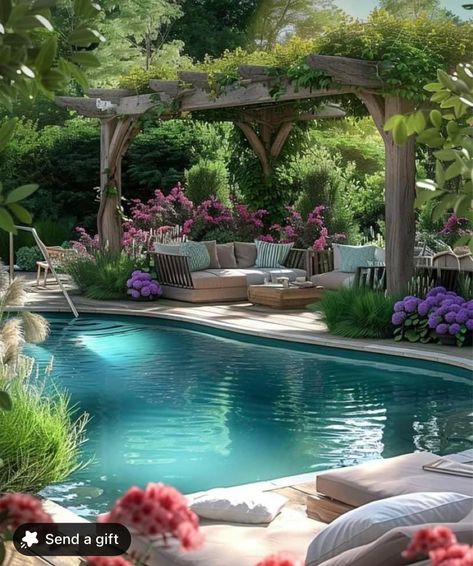 Pool And Garden Backyard, Pools And Landscaping, Swimming Pool Seating Area, Backyard Pool Garden, Traditional Backyard Ideas, Outdoor Natural Pool, Backyard Garden With Pool, Backyard With Pool And Garden, Landscape Pool Ideas