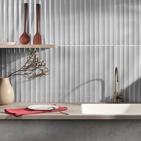 Colorplay Fluted Gray 4.5x18 3D Glossy Crackled Ceramic Tile | Tilebar.com Fluted Backsplash, Kitchen Hood Ideas, Backsplash Tile Design, Affordable Tile, Shower Style, Hand Painted Tile, Small Tiles, Age Gracefully, Reactive Glaze